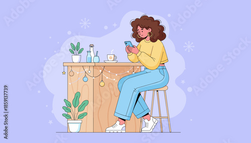 Woman uses phone at a festive bar counter with coffee in a cozy winter setting