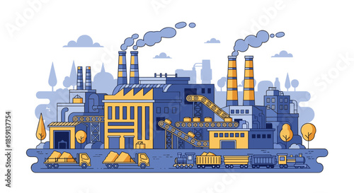Industrial factory illustration with smokestacks conveyor belts trucks and train transport logistics