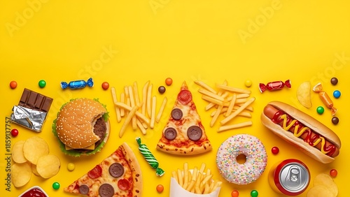 Junk food on yellow background . Fast carbohydrates not good for health, heart and skin, copy space top view 