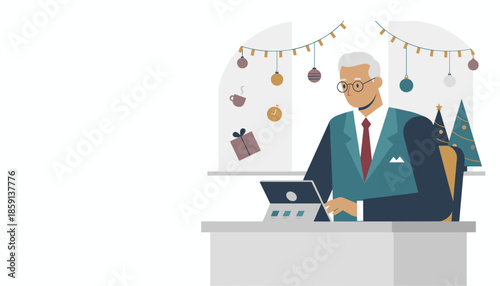 Senior businessman working at desk during Christmas holidays Corporate holiday season