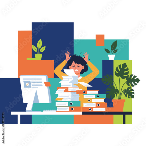 Stressed businesswoman overwhelmed by large piles of documents and folders Office burnout and administration concept