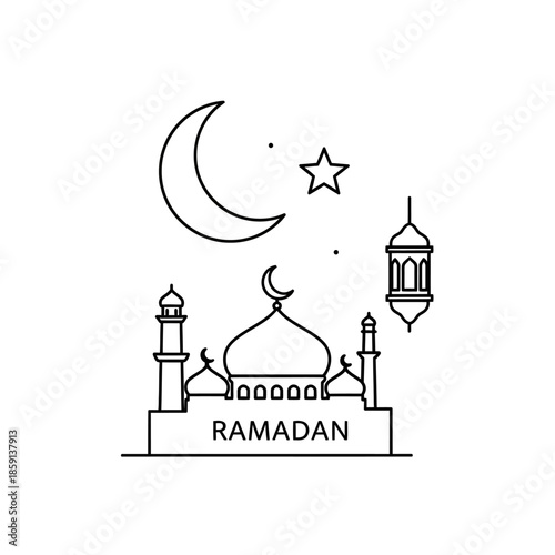 Ramadan outline illustration: Mosque, crescent moon, star, and lantern on white background.