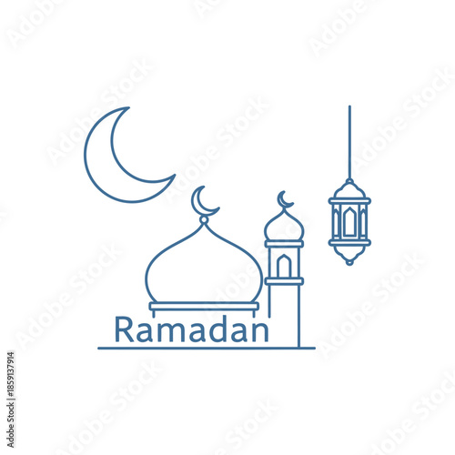 Ramadan Mubarak simple line art with mosque, crescent moon and lantern