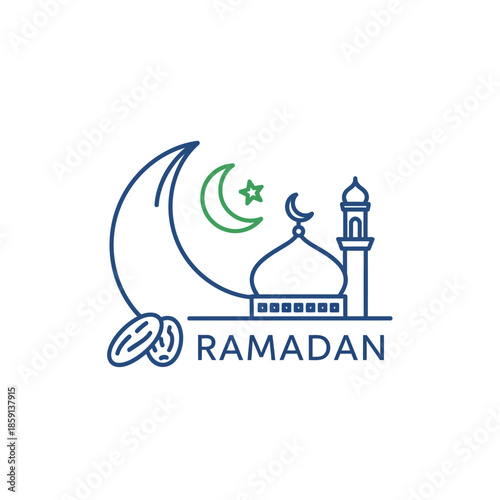 Ramadan symbol: Mosque, crescent moon, star, and dates, minimalist line art.
