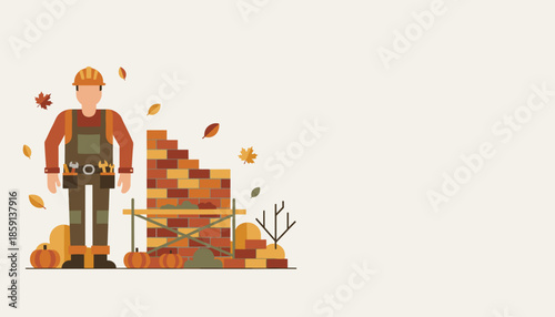 Builder working on brick wall construction during autumn season Flat vector illustration