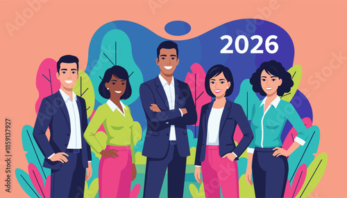 Diverse confident business team celebrating 2026 goals and teamwork success Corporate illustration