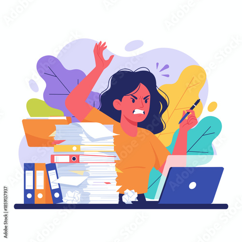 Angry businesswoman drowning in paperwork illustrates job burnout stress and overwhelming office workload concept