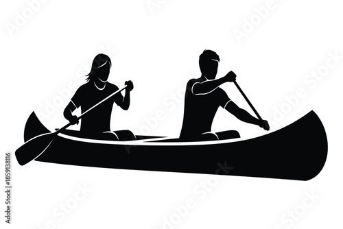 A striking black silhouette depicts a couple peacefully paddling a canoe across calm waters enjoying outdoor recreation high quality