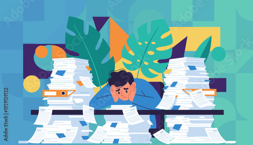 Stressed worker overwhelmed by huge piles of paperwork and bureaucratic tasks