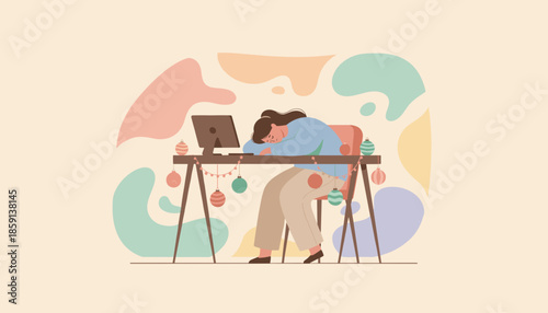 Exhausted woman asleep at her decorated office desk illustrating holiday work burnout or fatigue