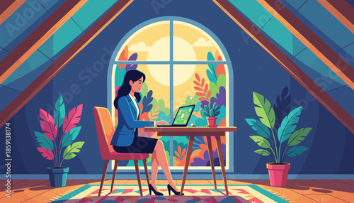 Professional woman working remotely on a laptop in a cozy vibrant attic home office illustration