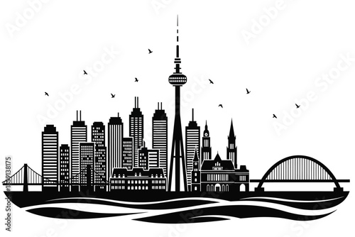 A striking black and white illustration depicts a modern cityscape with a prominent central tower bridges and flowing water below