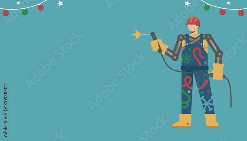 Holiday industry worker illustration welding a star under festive lights on a teal background