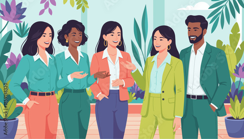 Diverse team collaborating in a vibrant green office environment Professional success and teamwork concept