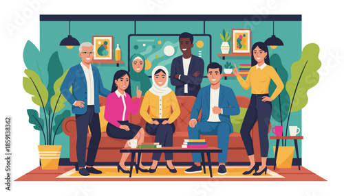 Diverse business team collaboration in a modern office lounge Inclusion and global partnership