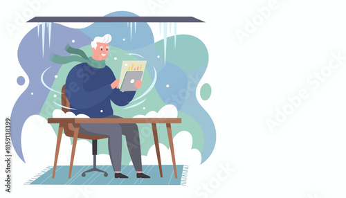 Businessman reviewing data in a freezing office symbolizing budget cuts or winter energy crisis