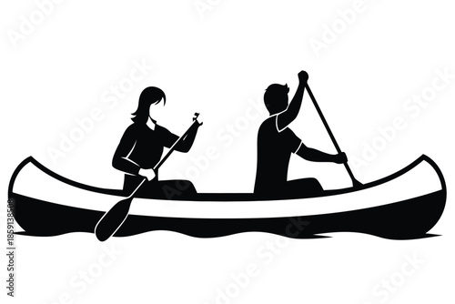 A simple black and white illustration depicts two people canoeing on water enjoying a peaceful outdoor adventure together