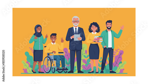 Diverse group of happy professionals including a disabled person showing teamwork and inclusion