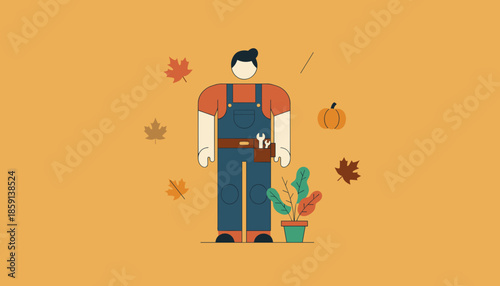 Plumber or repairman in overalls with tools surrounded by fall elements leaves pumpkin plant