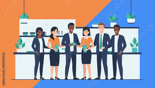 Diverse professional team networking happily in a modern corporate kitchen Successful teamwork concept