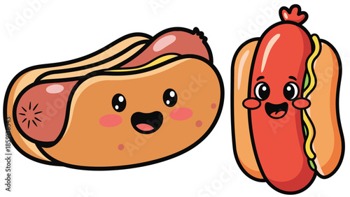 A charming cartoon food vector featuring smiling sausage and bun characters with cute faces, illustrated in a bright, friendly style perfect for fun and food-themed designs.
