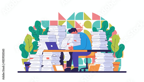 Overwhelmed employee buried in massive paperwork stacks symbolizing stress deadlines heavy workload and burnout