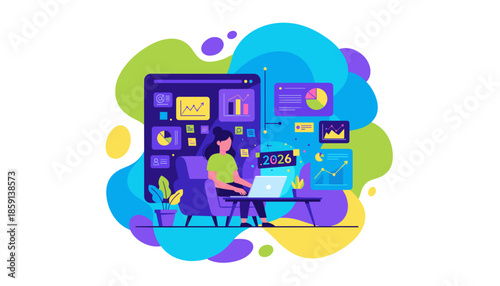 Woman analyzes financial reports and market data for 2026 planning on a comprehensive digital dashboard