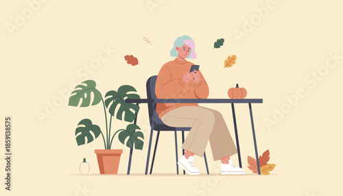 Young woman texts on her smartphone in a cozy autumn setting with falling leaves and pumpkins Flat vector art