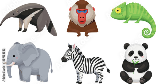 Canvas Print Cute Cartoon Wild Animals Vector Set Including Elephant Zebra Panda Monkey Chame
