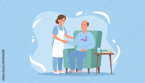 Home nurse aids senior man with illness ribbon showing support and empathy