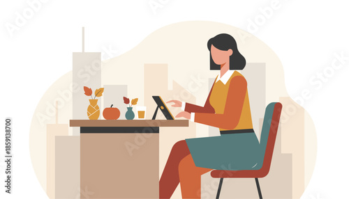 Woman works on a tablet at an autumn office desk adorned with fall leaves and a pumpkin overlooking the city
