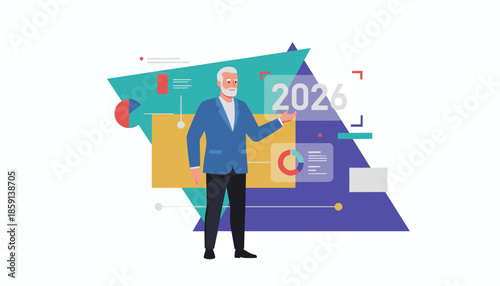 Senior executive presenting 2026 goals and strategy using abstract data visualizations for corporate planning