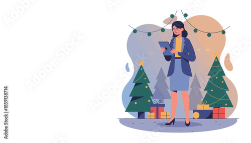 Woman working on a tablet during Christmas symbolizing holiday season business stress