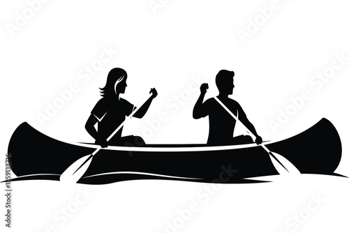 A striking black and white silhouette depicts a couple peacefully canoeing on calm waters enjoying a shared outdoor activity