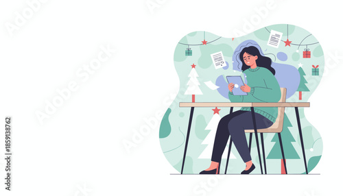 Worried woman uses a tablet at a desk struggling with holiday work stress and deadlines