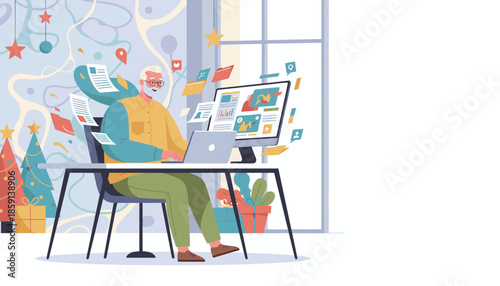 Senior man works remotely during the holidays using a laptop and monitor to manage digital files and business data flow