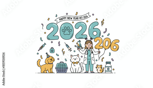 Happy New Year 2026 veterinary concept Female vet celebrates with dog cat and diverse pets Pet health care