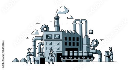 Industrial production factory illustration with workers pipes gears and conveyor belt automation