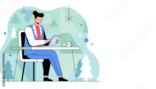 Businessman working remotely on a digital tablet with coffee in a stylish modern office with a winter holiday theme