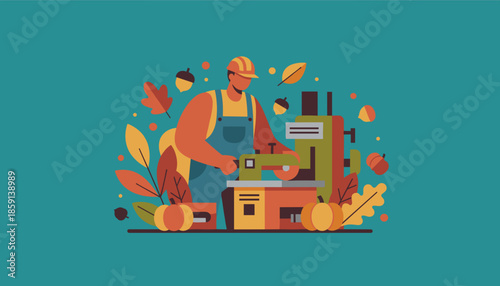 Craftsman operating industrial machinery surrounded by fall leaves pumpkins and acorns Autumn work vector