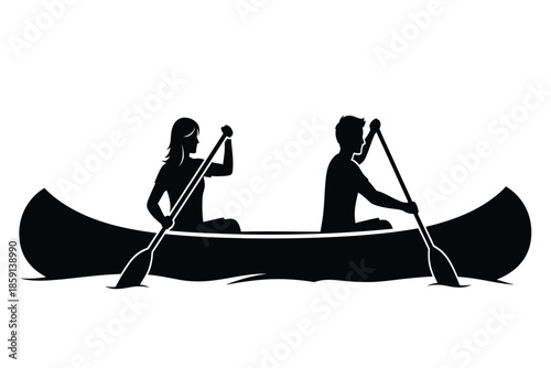A simple black silhouette depicts two people peacefully canoeing on calm waters enjoying a serene outdoor adventure together