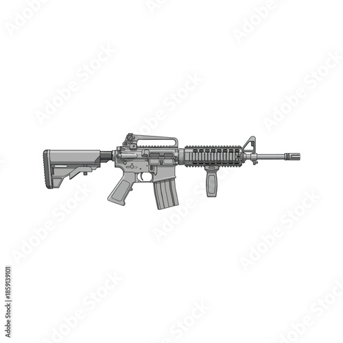 Automatic black m16 assault rifle and military machine gun firearm isolated on white background for army shooting and war danger illustration