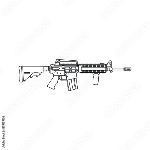 Isolated black vector illustration of a military automatic assault rifle and pistol with metal bullets and triggers, representing a professional firearm weapon for shooting