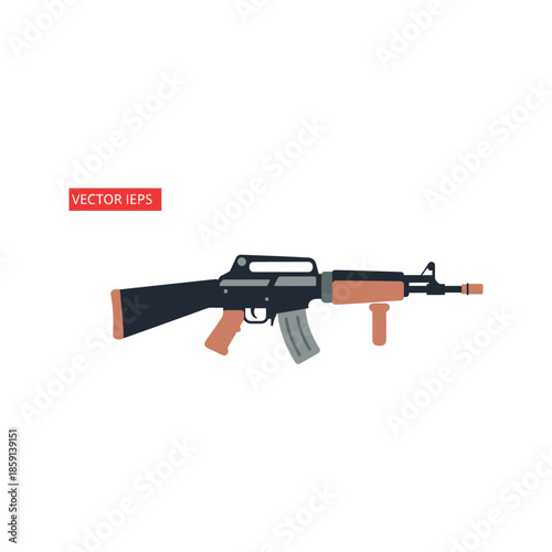 Vector illustration of a black military assault rifle and automatic machine gun firearm isolated on a white background for army and war concepts