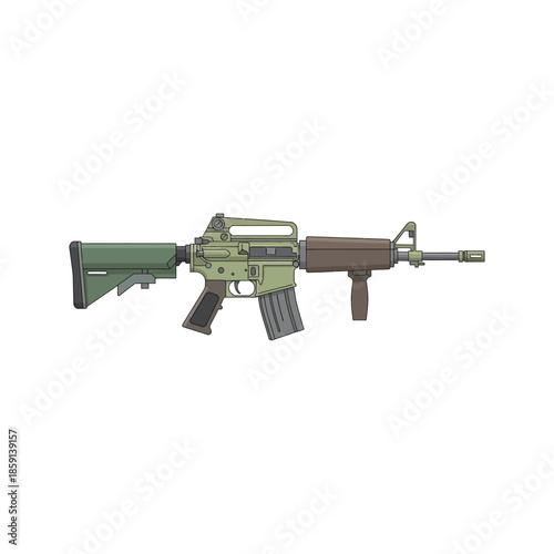 An isolated vintage metal handgun and a modern automatic assault rifle with bullets are depicted as a dangerous military weapon illustration on a white background