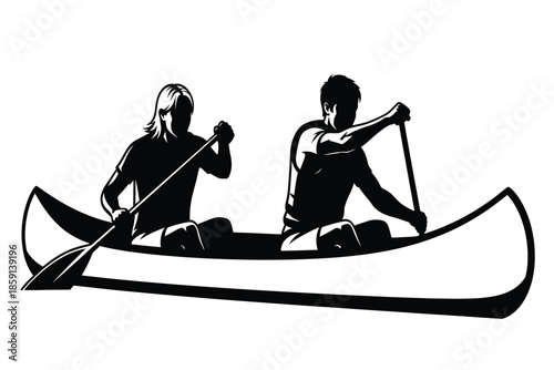 A striking black and white illustration depicts two individuals collaboratively paddling a canoe on calm waters showcasing teamwork