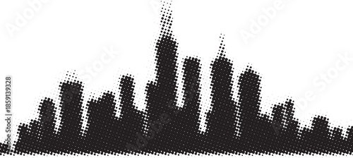 Abstract black and white dot pattern forming a city skyline on a white Halftone dot pattern