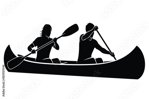 A striking black silhouette depicts two figures gracefully paddling a canoe on calm waters enjoying a peaceful excursion