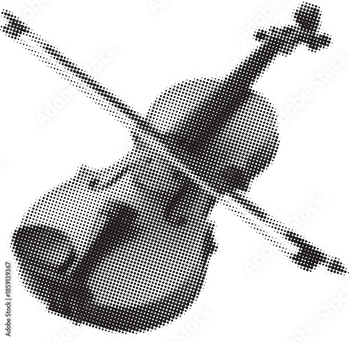 A pixelated of a violin with a dotted pattern on a Halftone dot pattern white background