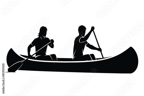 a black silhouette depicts two people paddling a canoe on calm waters enjoying a peaceful outdoor activity together